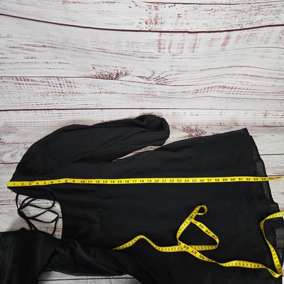 UO Y2K Whimsigoth Chiffon Black Babydoll Dress Sz 12 Flowy Pleated Puff Sleeves - Picture 15 of 16